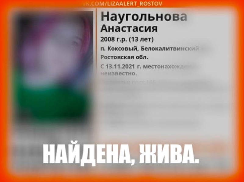 В Ростовской области пропавшая в ноябре 13-летняя школьница найдена живой