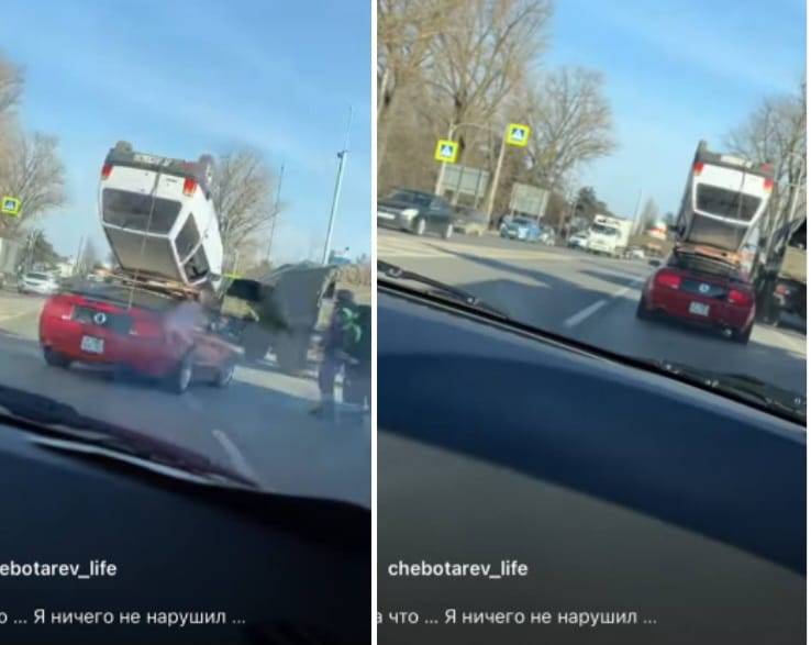 В Ростове каскадера Чеботарева, сидящего вниз головой за рулем «Оки» на крыше Mustang, остановили полицейские